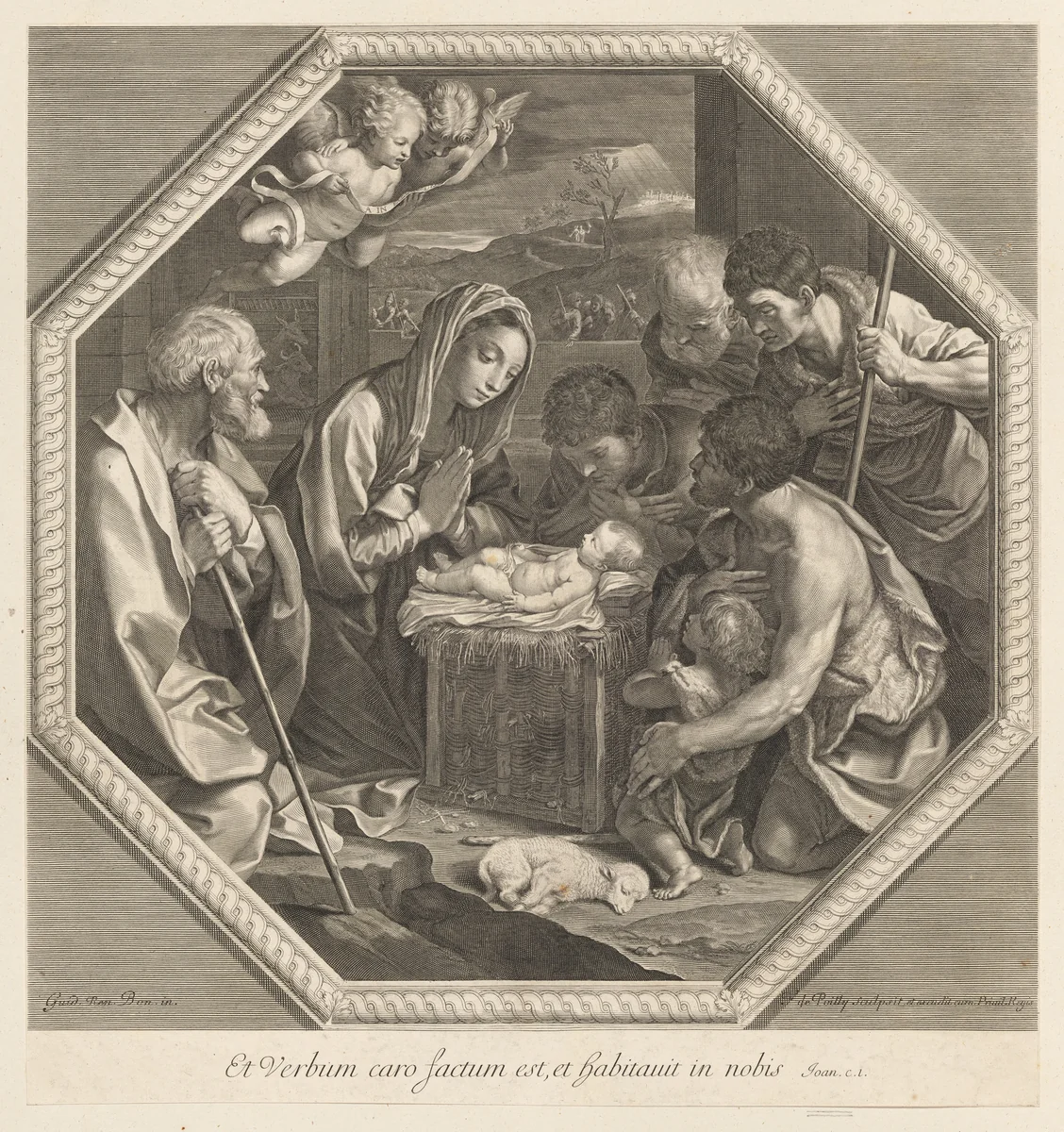 The adoration of the shepherds who kneel together at right before the infant Christ, the Virgin and Saint Joseph at left, two angels above, in an octagonal frame, after Reni by Francois de Poilly, print, 1650-1693