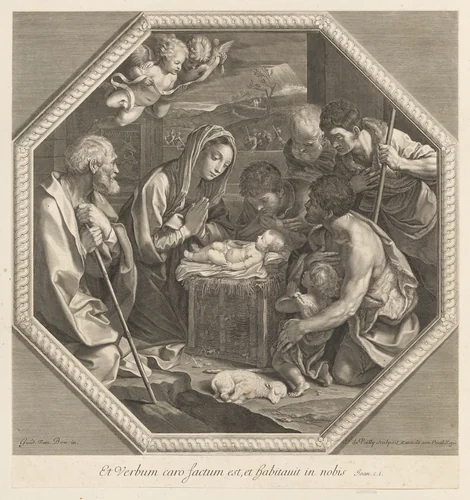 The adoration of the shepherds who kneel together at right before the infant Christ, the Virgin and Saint Joseph at left, two angels above, in an octagonal frame, after Reni by Francois de Poilly, print, 1650-1693