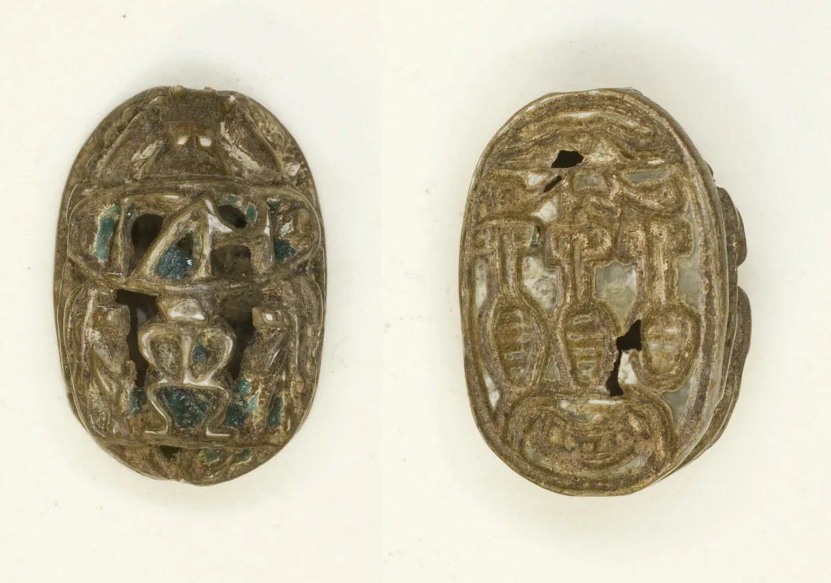 Scarab: Hieroglyphs (wedjat-eye, nefer-signs, nbw-sign) by Egyptian, other, -1550--1295