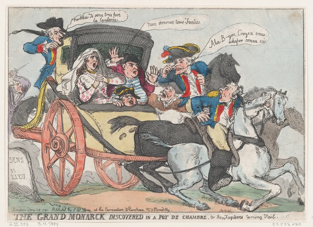 The Grand Monarck Discovered in a Pot de Chambre, or The Fugitives Turning Tail by Thomas Rowlandson, print, 1791