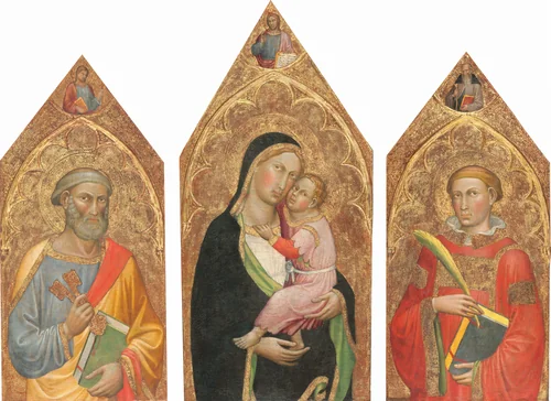 Madonna and Child with the Blessing Christ, and Saints Peter, James Major, Anthony Abbott, and a Deacon Saint [entire triptych] by Martino di Bartolomeo, painting, 1415-1420