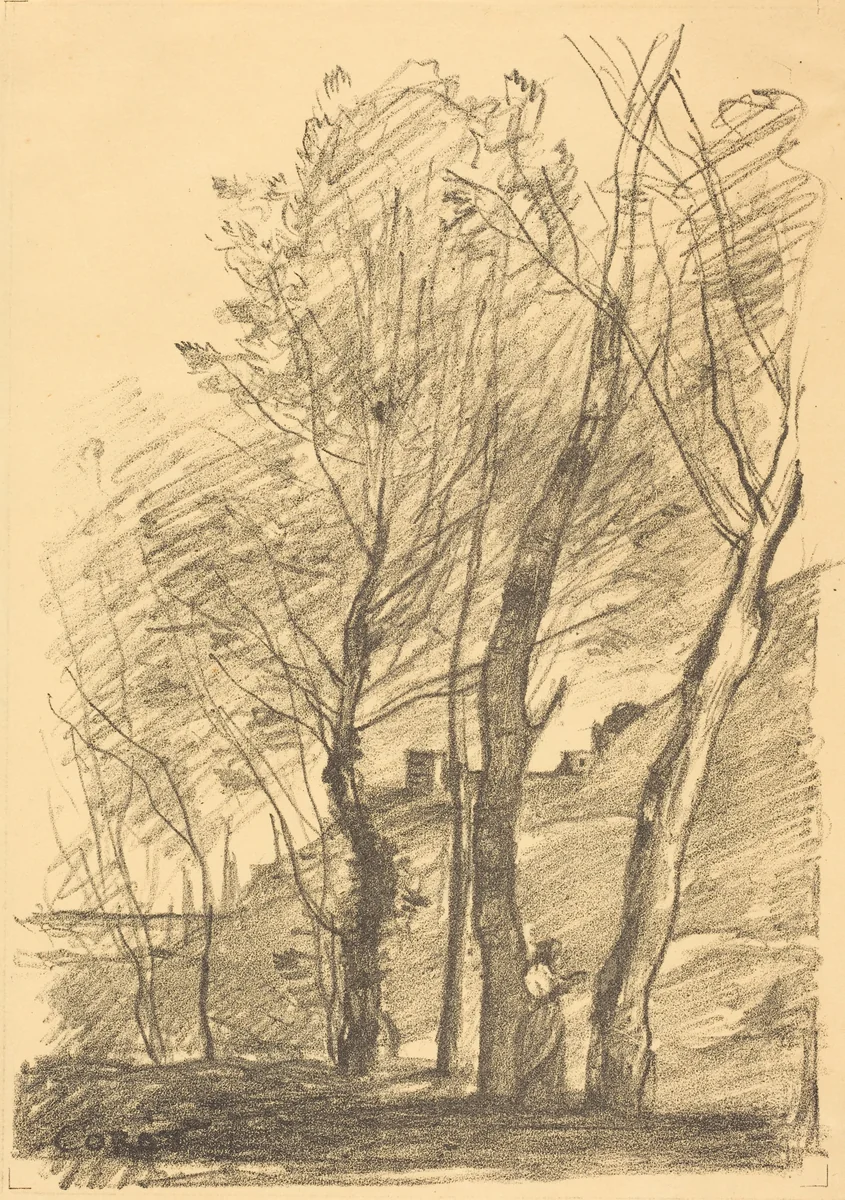 Reading Beneath the Trees (La Lecture sous les arbres) by Jean-Baptiste-Camille Corot, print, 1874