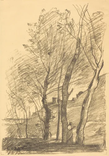 Reading Beneath the Trees (La Lecture sous les arbres) by Jean-Baptiste-Camille Corot, print, 1874