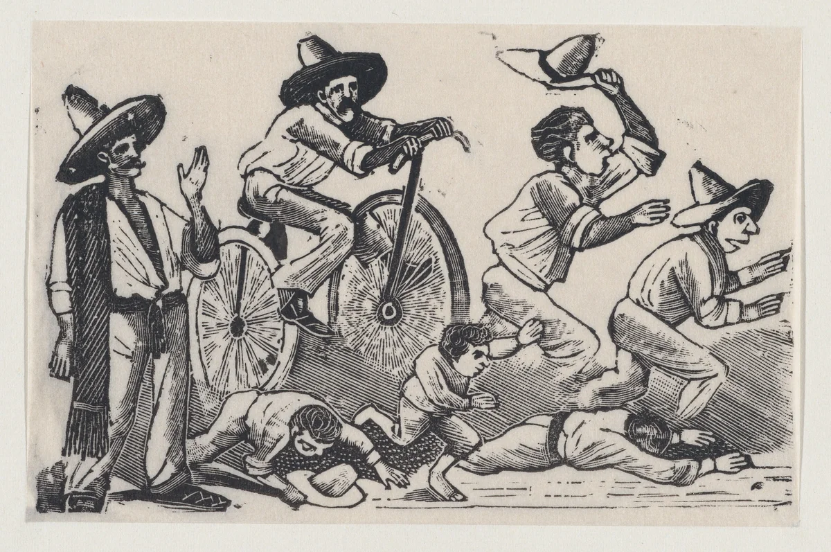A man on a bicyle running over people, from a broadside entitled 'La Bicicleta' by José Guadalupe Posada, print, 1875-1885