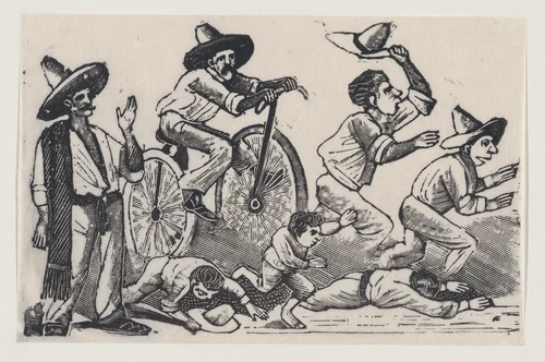 A man on a bicyle running over people, from a broadside entitled 'La Bicicleta' by José Guadalupe Posada, print, 1875-1885