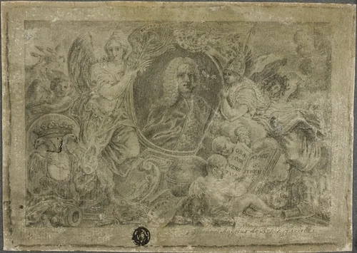 Oval Portrait Bust Held by Allegorical Figures by Unknown Artist, drawing, 1700-1799