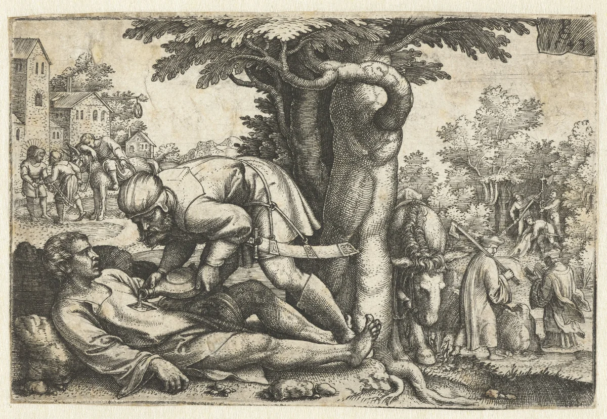 Barmhartige Samaritaan verzorgt gewonde reiziger by Unknown, print, 1543