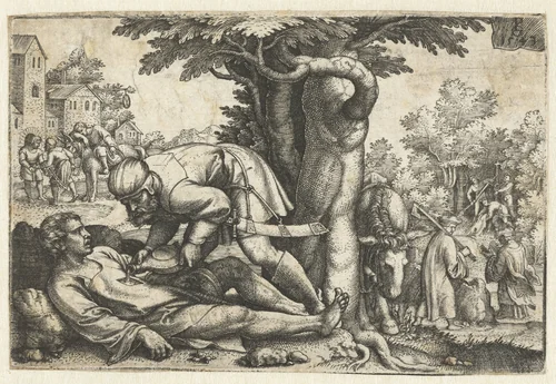Barmhartige Samaritaan verzorgt gewonde reiziger by Unknown, print, 1543
