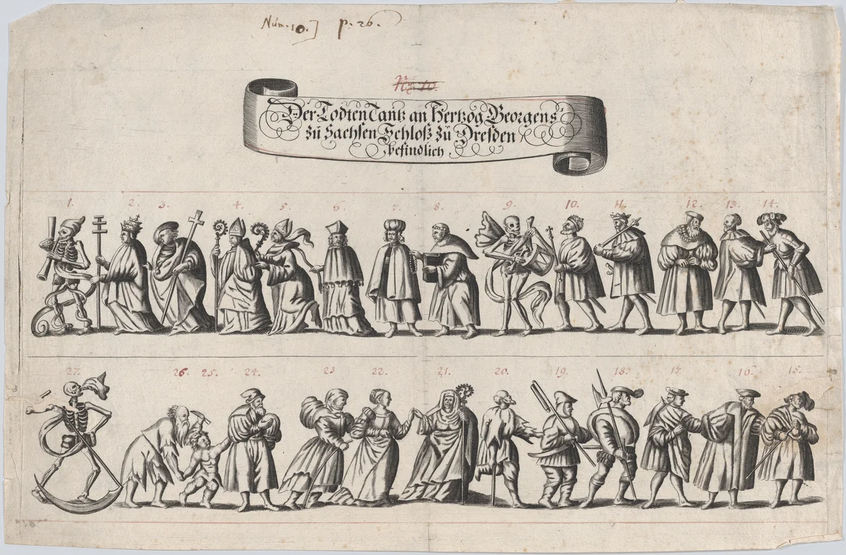 Plate from a book showing a procession of men and women with a skeleton at the beginning, middle and end of the line by anonymous, print, 1600-1699