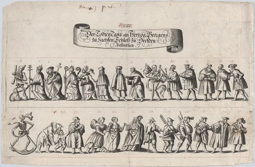 Plate from a book showing a procession of men and women with a skeleton at the beginning, middle and end of the line by anonymous, print, 1600-1699