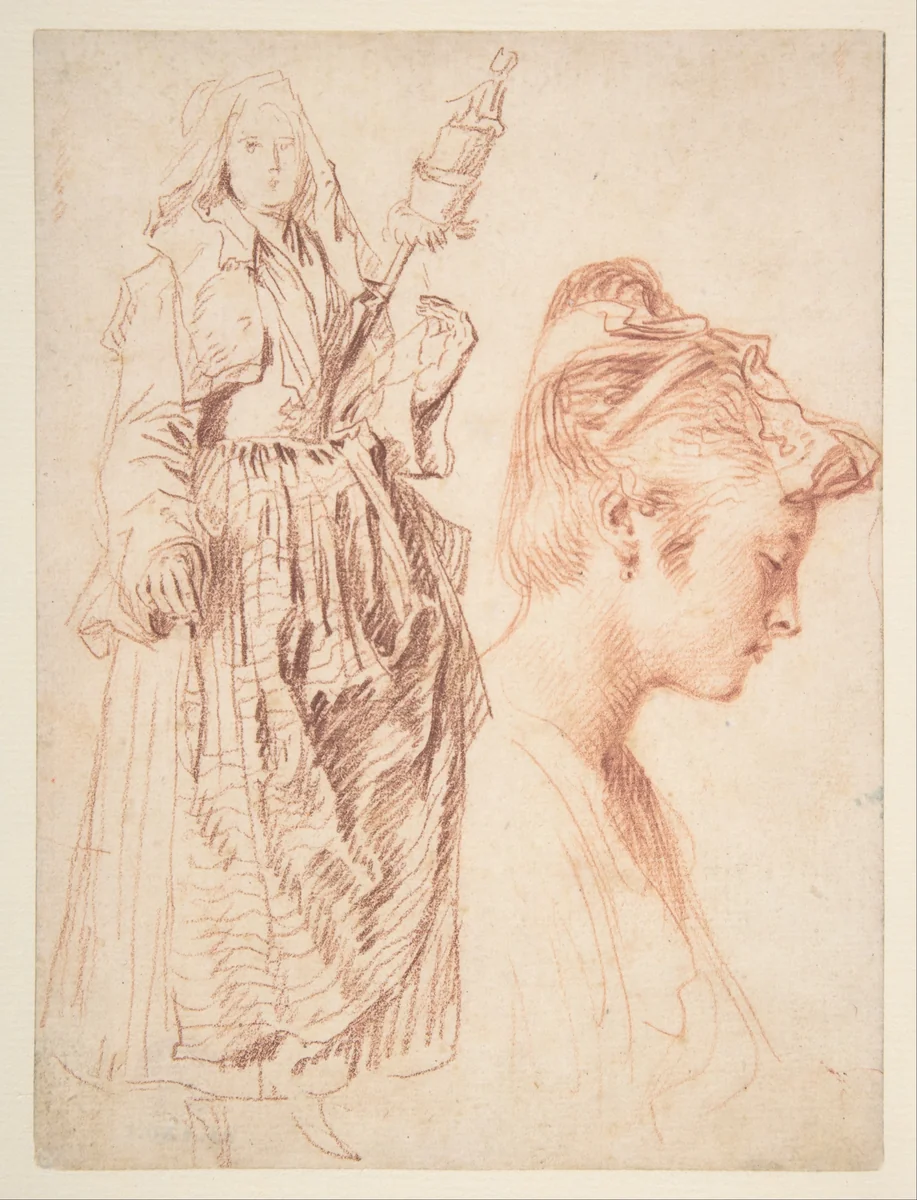 Studies of a Standing Woman Holding a Spindle and a Woman’s Head in Profile to the Right by Antoine Watteau, drawing, 1709-1723