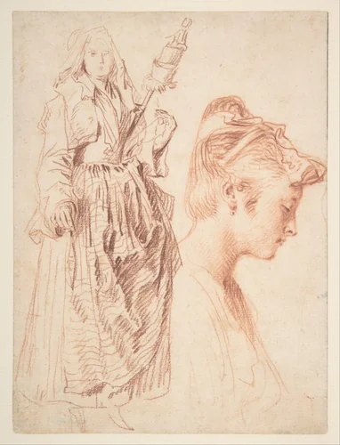 Studies of a Standing Woman Holding a Spindle and a Woman’s Head in Profile to the Right by Antoine Watteau, drawing, 1709-1723