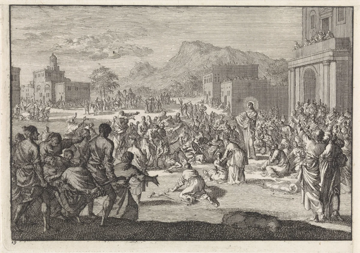 Christus spreekt tot een menigte op een plein. by Jan Luyken, print, 1703