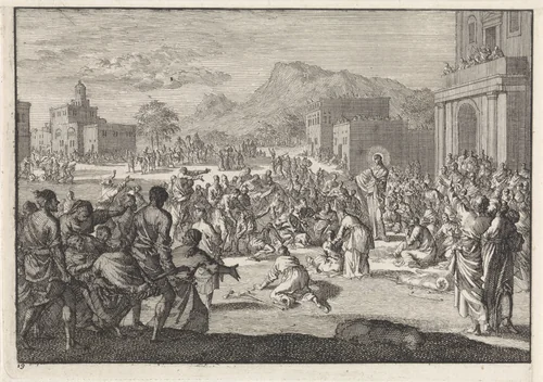 Christus spreekt tot een menigte op een plein. by Jan Luyken, print, 1703