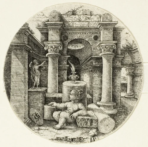 Nude Child Seated by Jean de Gourmont, print, 1520-1530