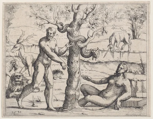 Adam and Eve Eating the Forbidden Fruit, from "Old and New Testaments" by Augustin Hirschvogel, print, 1548