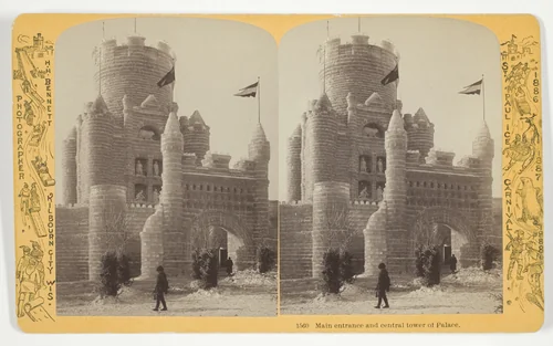 Main entrance and central tower of Palace, No. 1560 from the series "St. Paul Ice Carnival" by Henry Hamilton Bennett, photograph, 1886-1888
