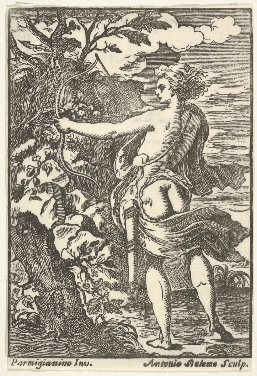 Callisto hunting with drawn bow, after Parmigianino) by Antonio Belemo, print, 1720-1740