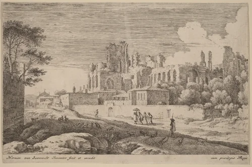Landscape with Ruins and a Woman with a Parasol by Herman van Swanevelt, print, 1600-1655