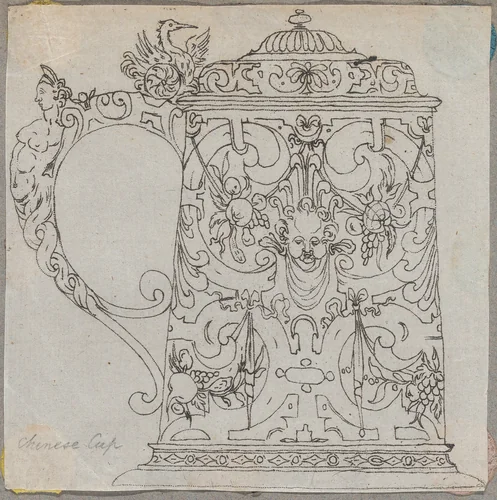 Covered Tankard with 16th century ornament by Paul Flindt, print, 1500-1600