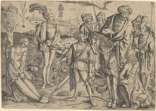 The King's Sons Shooting Their Father's Corpse by Master MZ, print, 1495-1505