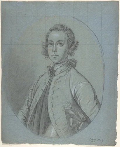 Oval, bust-length portrait study of a young man by Joseph van Aken, drawing, 1735-1765