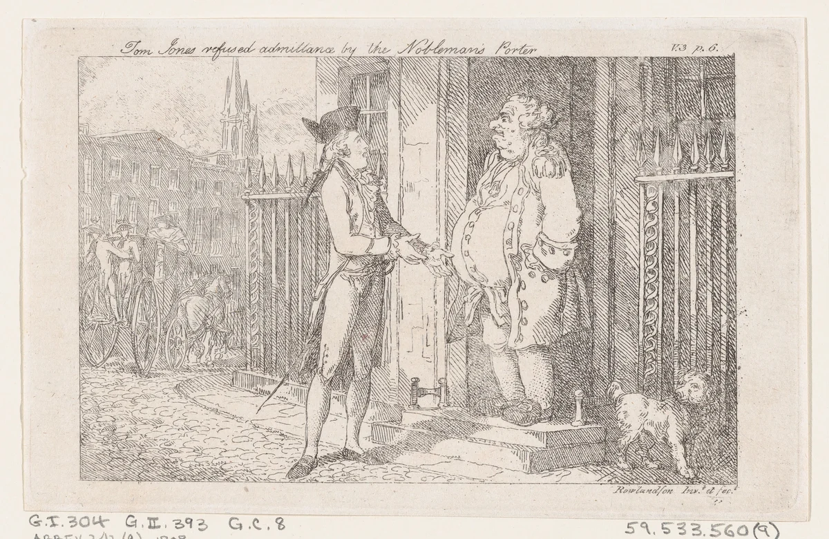 Tom Jones Refused Admittance by the Nobleman's Porter, from "The History of Tom Jones, a Foundling" by Thomas Rowlandson, print, 1792