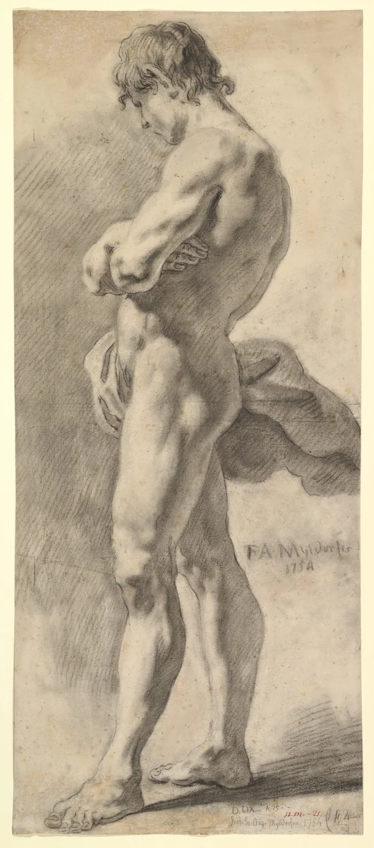 Standing Male Nude by Franz August Myldorfer, drawing, 1754