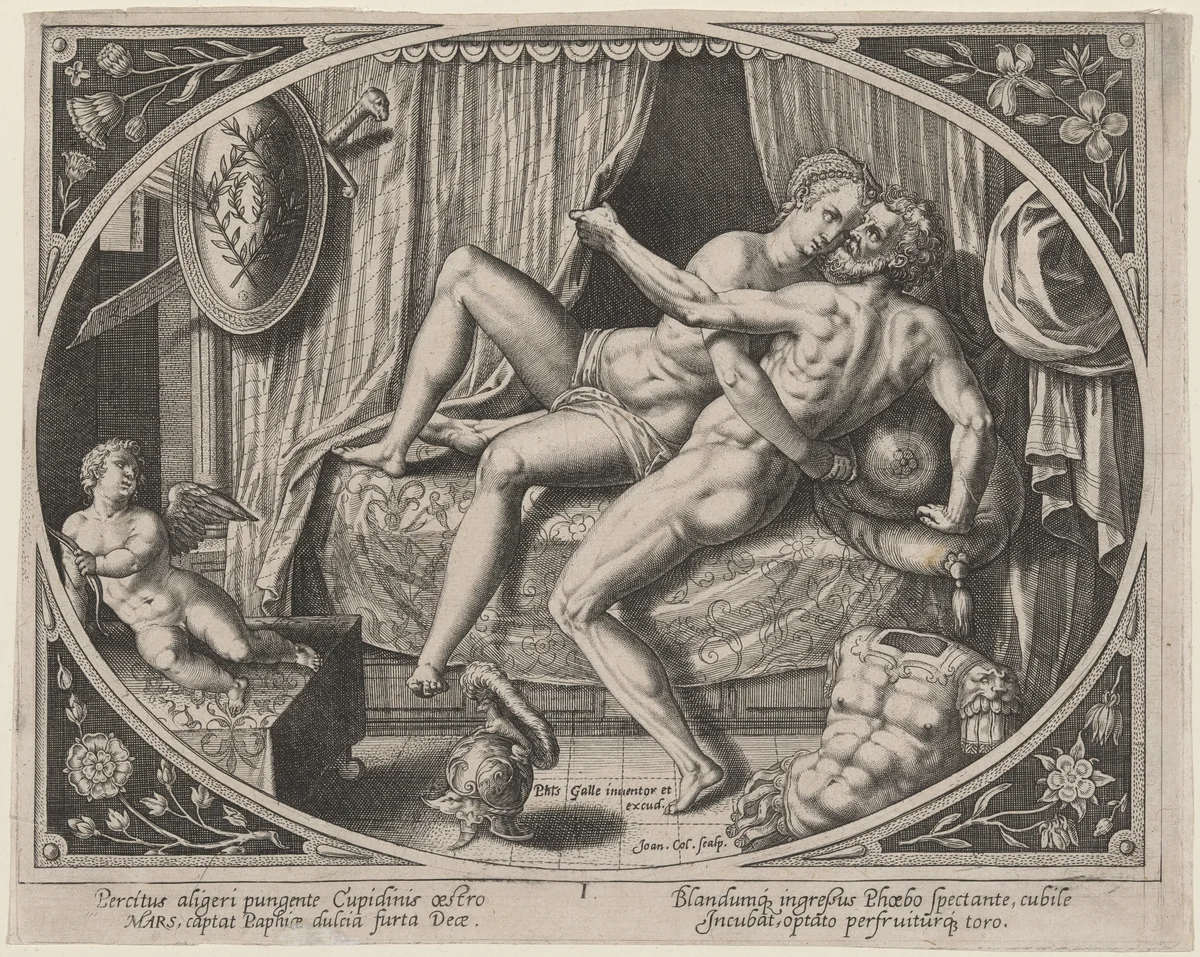 Mars and Venus Adulterous by Hans Collaert the Younger, print, 1580-1628