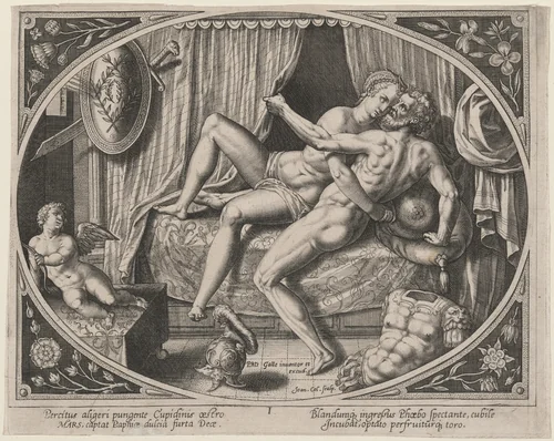 Mars and Venus Adulterous by Hans Collaert the Younger, print, 1580-1628