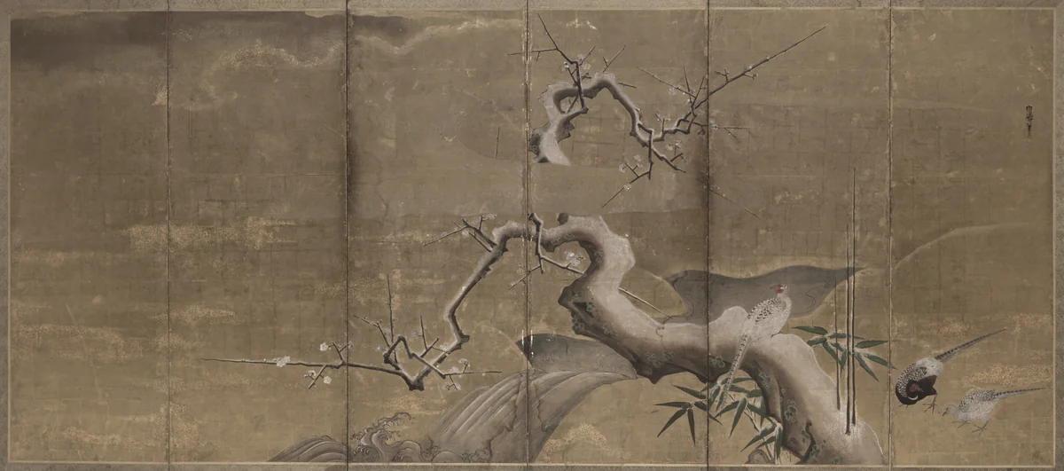 Winter Scene with Plum Trees and Pheasants (Birds Left) by Kano Naonobu, painting, 1600-1699