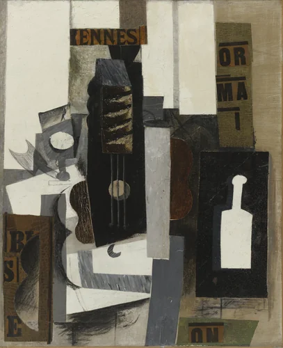 Glass, Guitar, and Bottle by Pablo Picasso, painting, 1913
