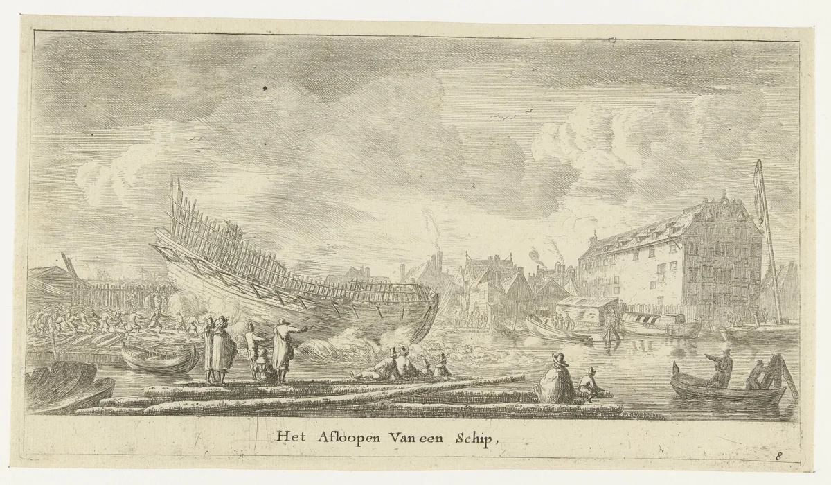 Tewaterlating van een schip by Reinier Nooms, print, 1652-1654
