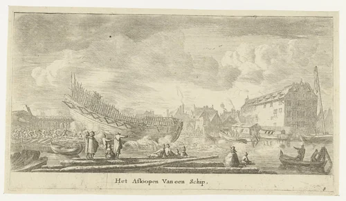 Tewaterlating van een schip by Reinier Nooms, print, 1652-1654