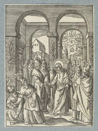 Farizeeën willen Christus stenigen by Christoffel van Sichem, print, 1629