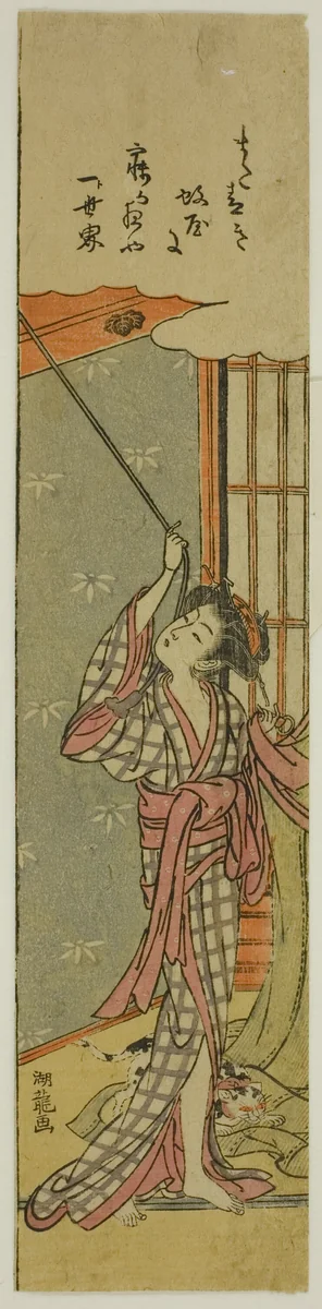 Young Woman Hanging a Mosquito Net by Isoda Koryusai, print, 1770-1780