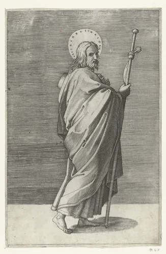 Apostel Jakobus de Meerdere (Major) met pelgrimshoed en pelgrimsstaf by Marcantonio Raimondi, print, 1517-1527