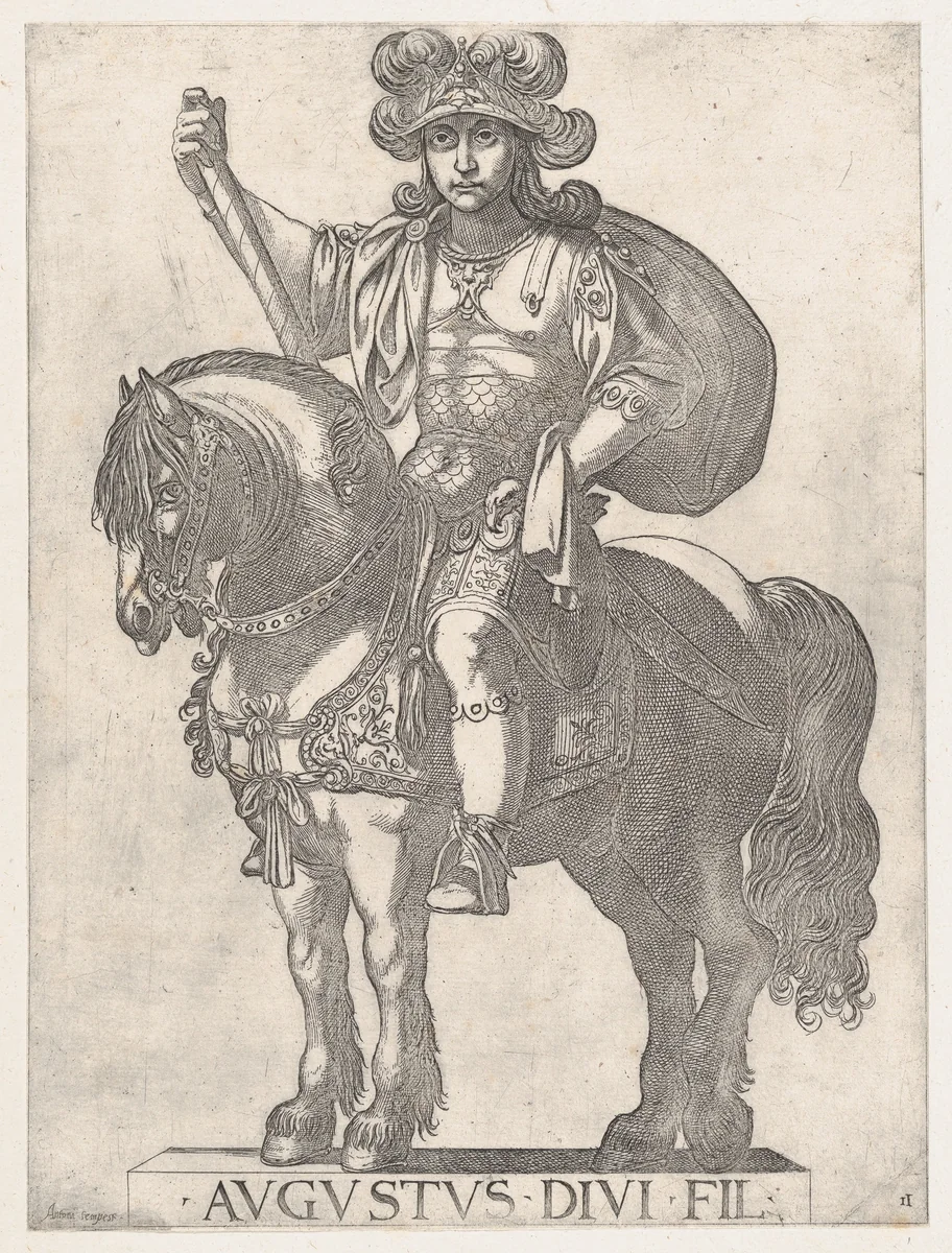 Plate 2: Emperor Augustus on Horseback, from 'the First Twelve Roman Caesars' by Antonio Tempesta, print, 1596