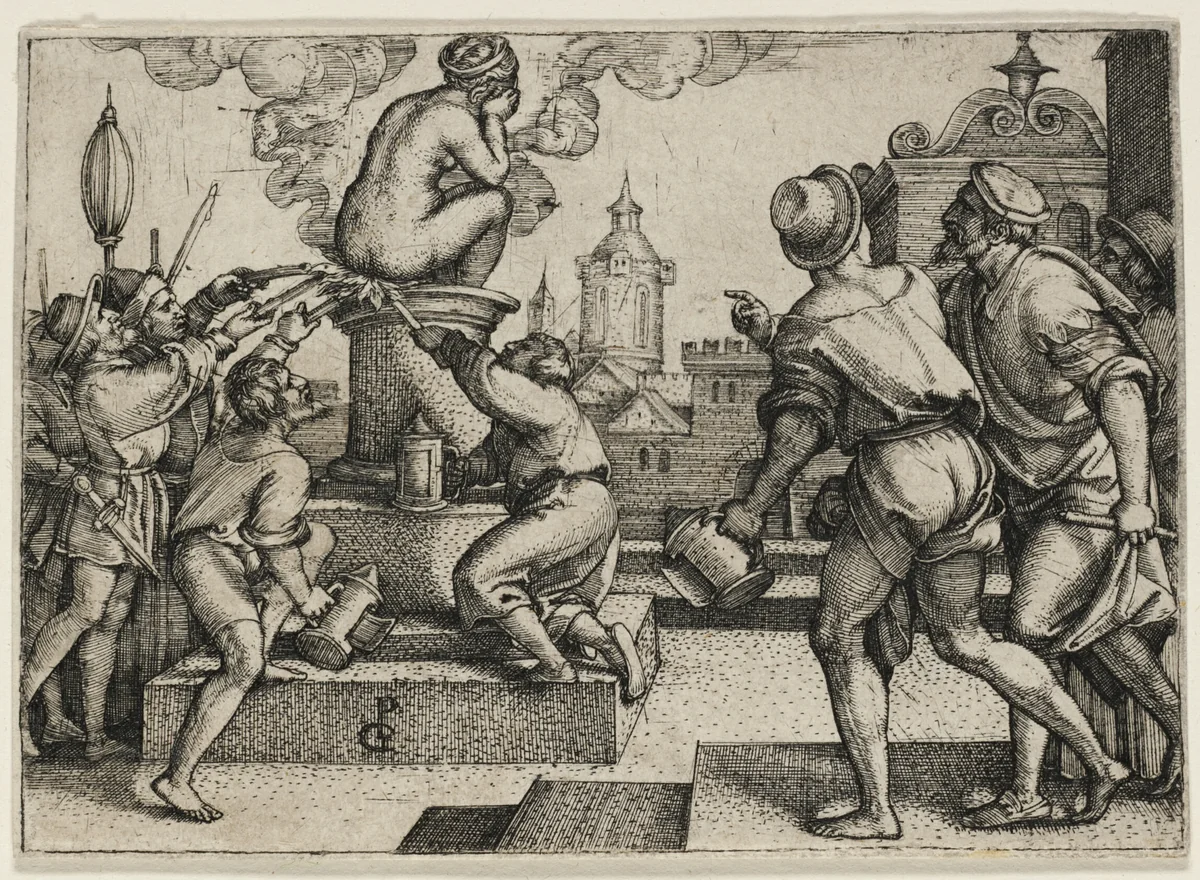The Courtesan Punished, from The Story of the Magician Virgil by Georg Pencz, print, 1541-1542
