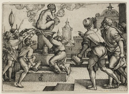 The Courtesan Punished, from The Story of the Magician Virgil by Georg Pencz, print, 1541-1542