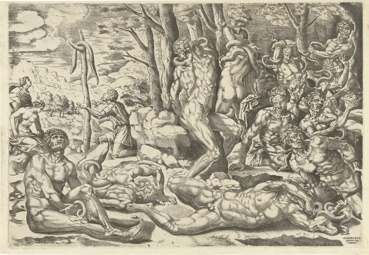 De aanbidding van de koperen slang by Unknown, print, 1514-1592