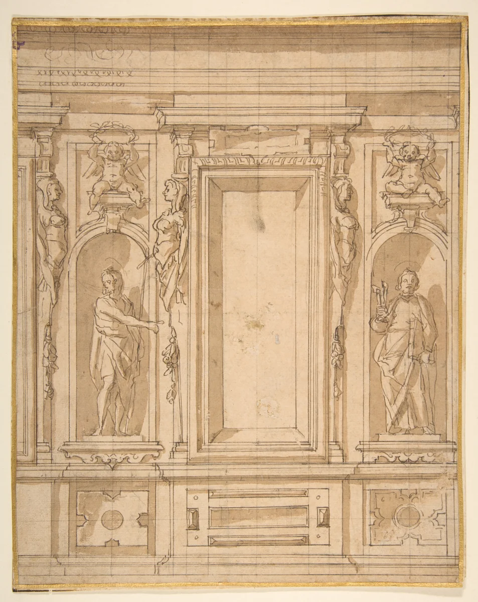 Wall Elevation with a Window and Statues of Saint John the Baptist and Saint Peter in Niches by Lazzaro Tavarone, drawing, 1556-1641