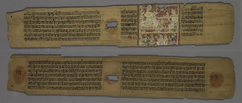 Folio 22 from a Yoga-shastra of Hemachandra: Jain Monk with disciple and two laymen, two Nuns, and a laywoman (recto); Text (verso) by Unknown, painting, 1250-1299