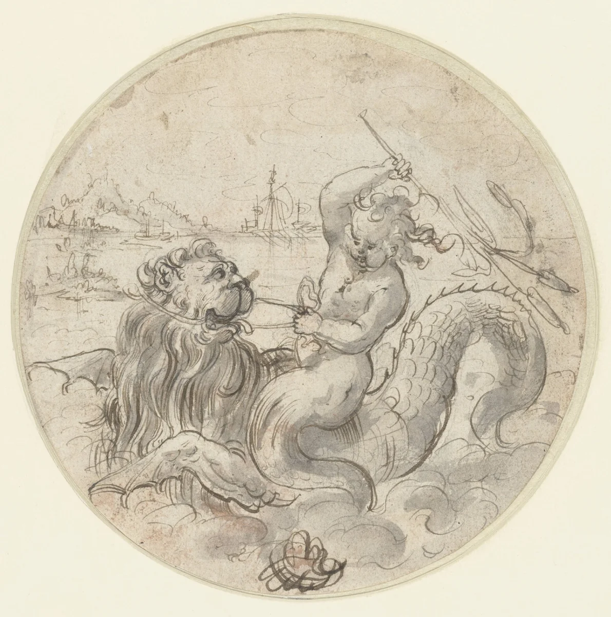 Jonge zeemeerman (?) op een zeemonster by Christoph Jamnitzer, drawing, 1573-1619