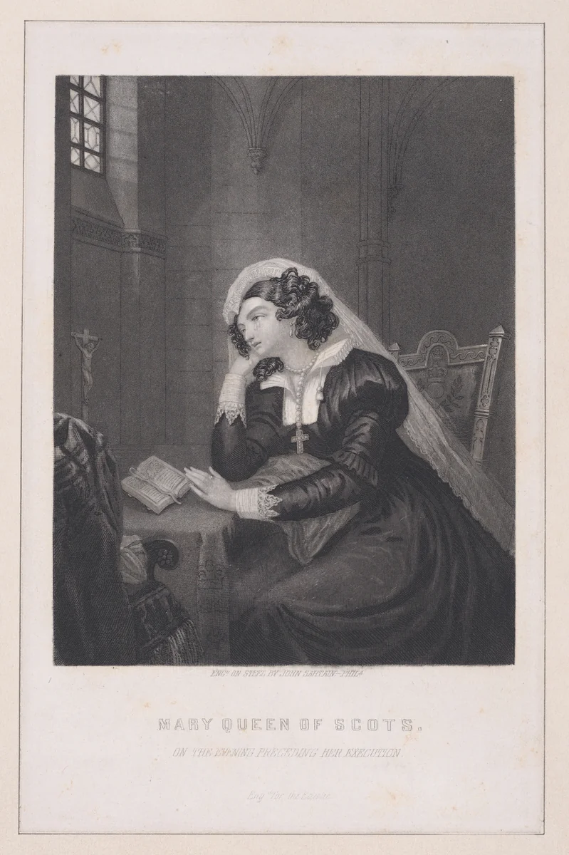 Mary Queen of Scots, on the evening preceding her execution (from "The Eclectic Magazine," volume 48, frontispiece) by John Sartain, print, 1859
