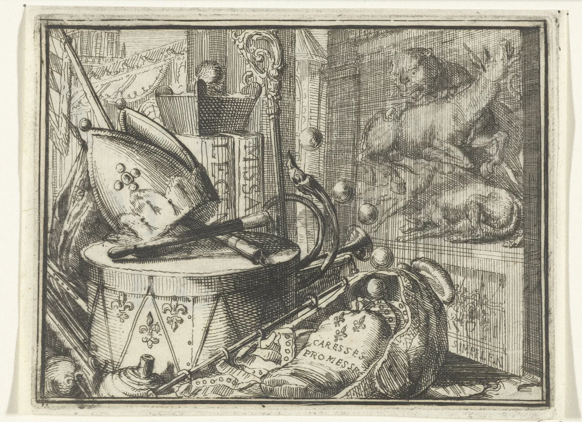 Titelblad voor het pamflet: Saamenspraak tusschen het Valies, de Myter, en het Bonnet, 1701 by Romeyn de Hooghe, print, 1701