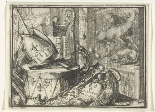 Titelblad voor het pamflet: Saamenspraak tusschen het Valies, de Myter, en het Bonnet, 1701 by Romeyn de Hooghe, print, 1701