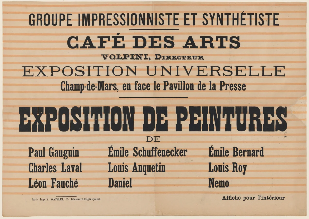 Poster for "L'Exposition de Peintures du Groupe Impressionniste et Synthétiste" at Café des Arts by French 19th Century, print, 1889