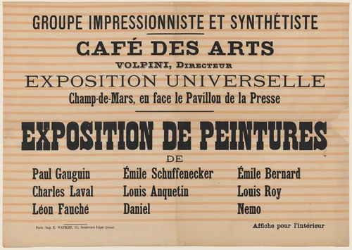Poster for "L'Exposition de Peintures du Groupe Impressionniste et Synthétiste" at Café des Arts by French 19th Century, print, 1889