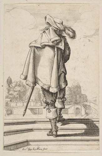 Gentleman in a Cape and Plumed Hat Seen from the Back by Abraham Bosse, print, 1629